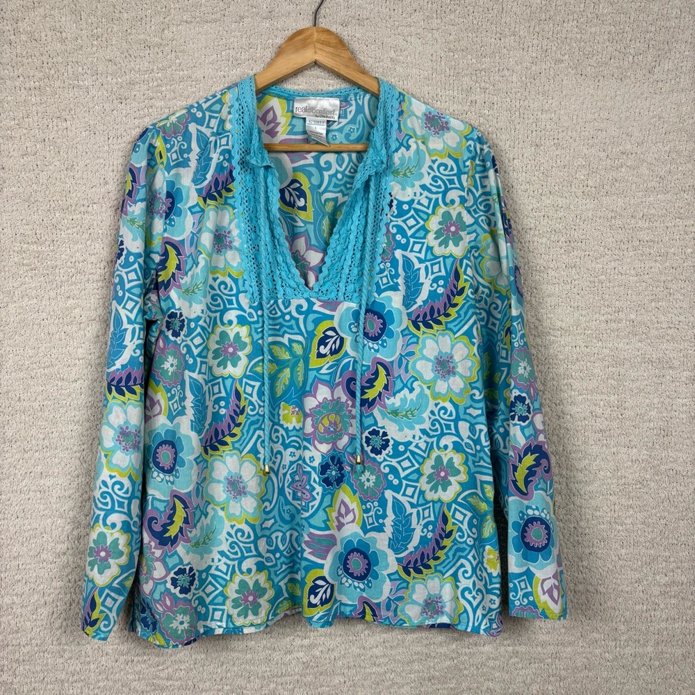 Real Comfort Top‎ Womens L Blue Paisley Chadwicks Lace Long Sleeve Cotton Shirt